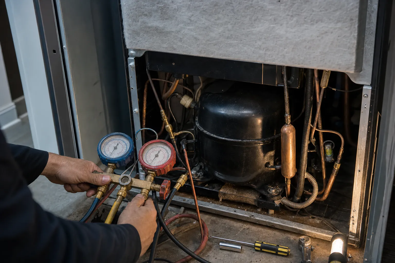 Manifold gauge set held at the open compressor bay of a built-in refrigerator column