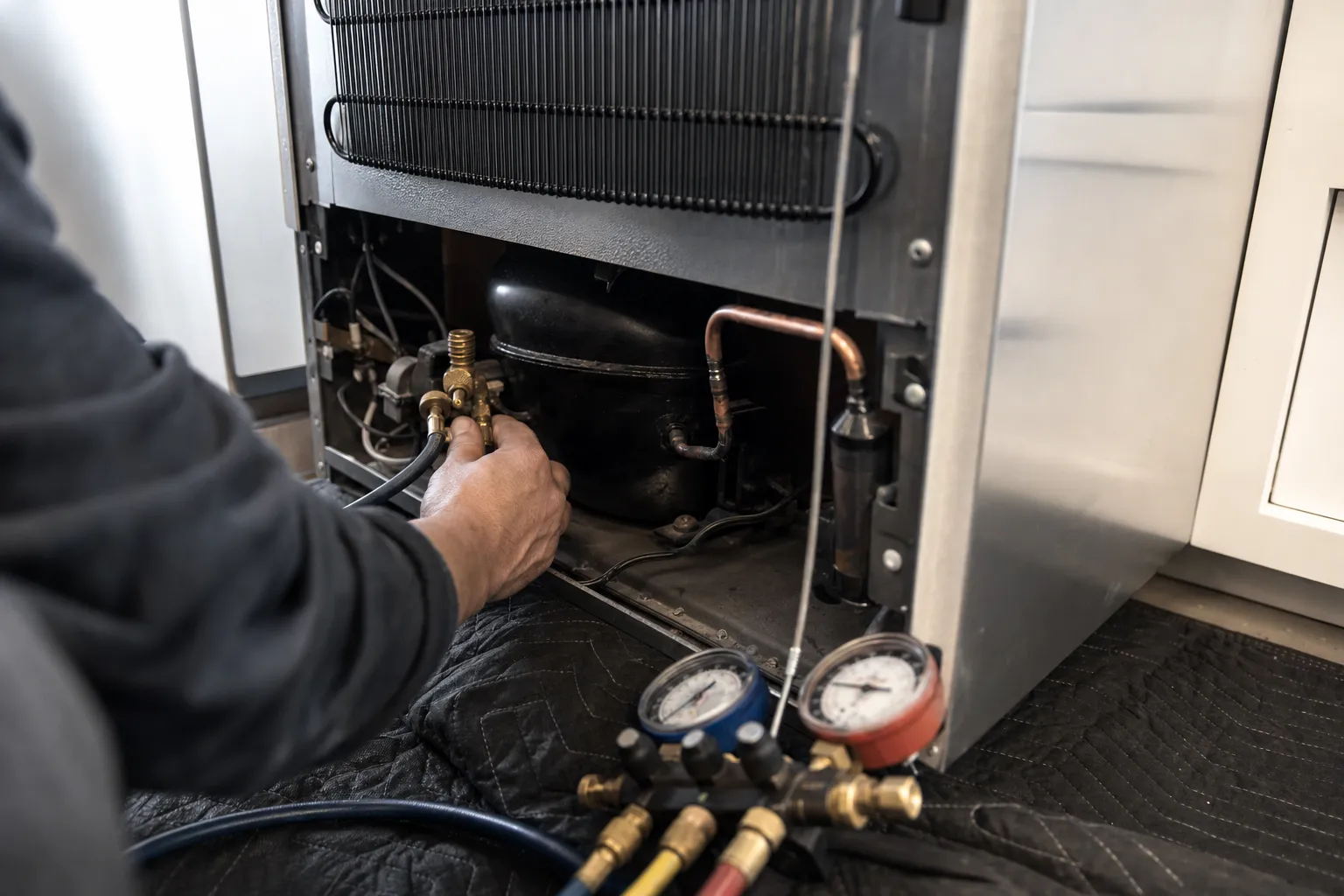 Charging hose fitted to the compressor behind a built-in refrigerator, condenser coil above, gauges on a blanket