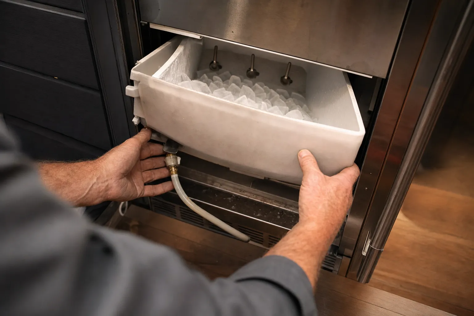 Translucent ice bin slid out of an undercounter ice machine, a drain hose running down from a fitting at its base