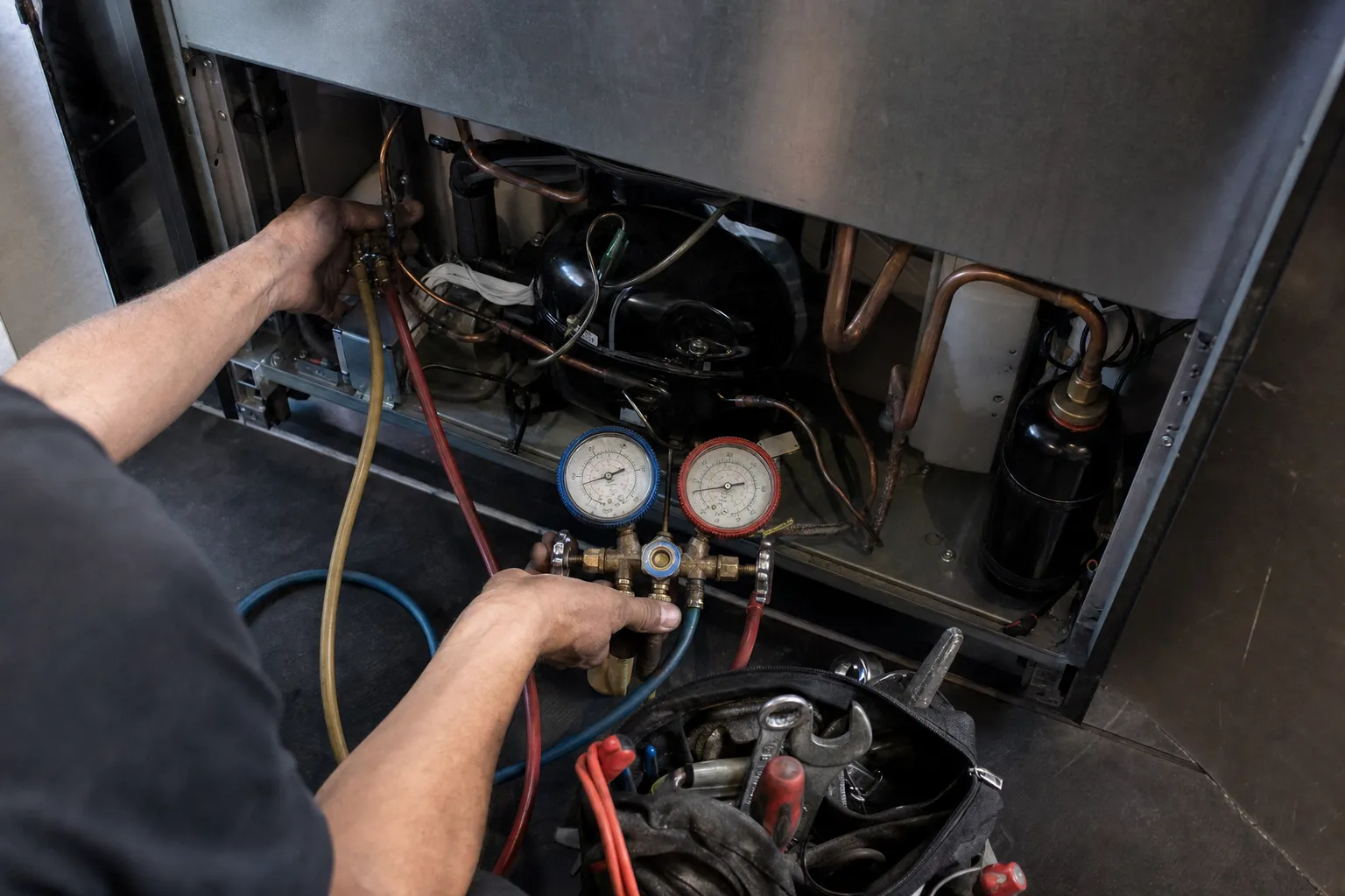 Blue and red manifold gauges connected at an open compressor bay, hands on the hose couplings, tool bag below