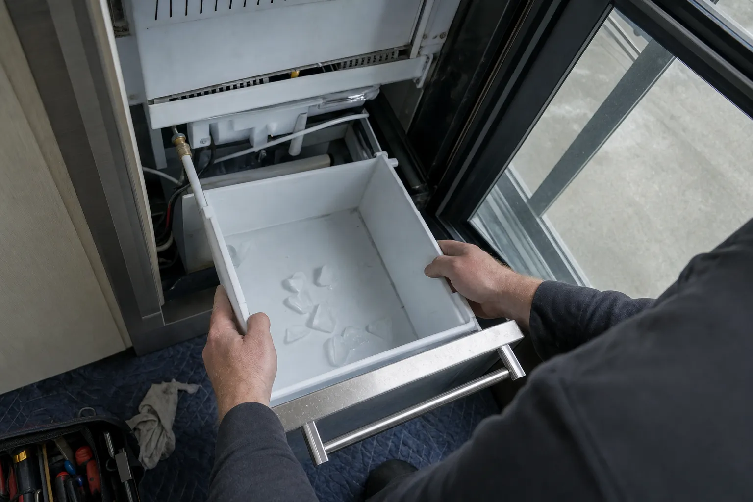 Near-empty ice bin held up out of an undercounter ice drawer, only a few cubes at the bottom